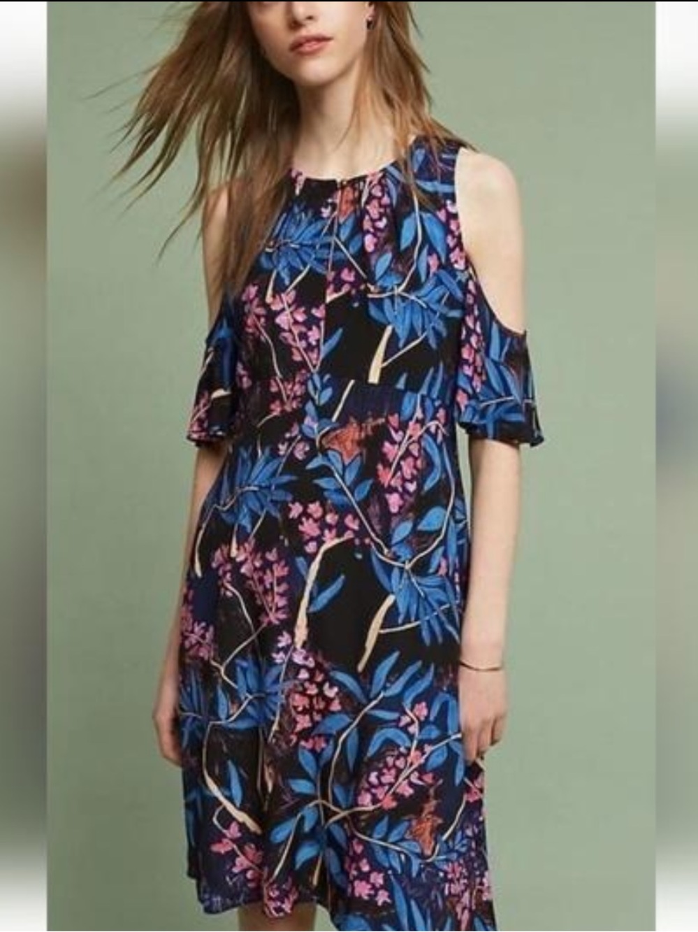 Maeve Black Cold-Shoulder Floral Dress with Blue & Pink Accents